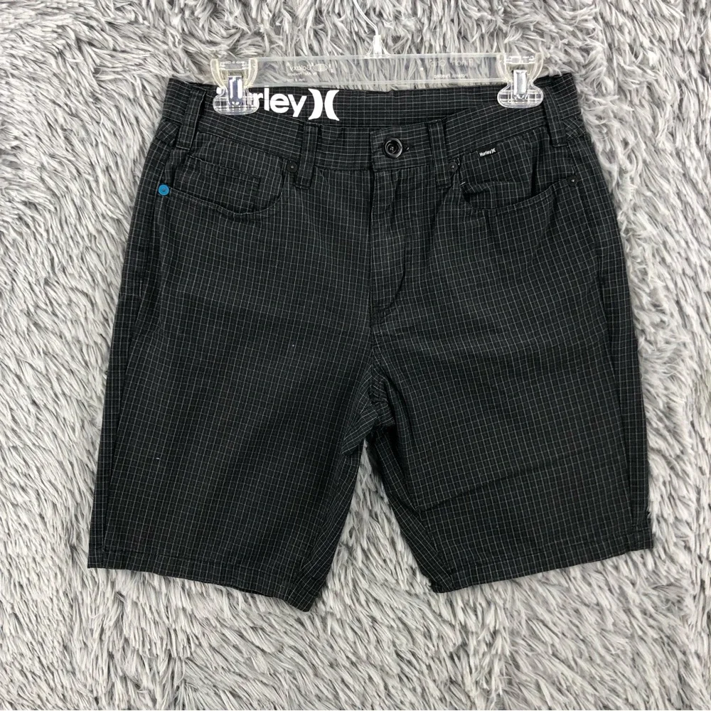 Hurley Shorts Mens Size 30 84 Slim Checkered Plaid Black Logo Chino